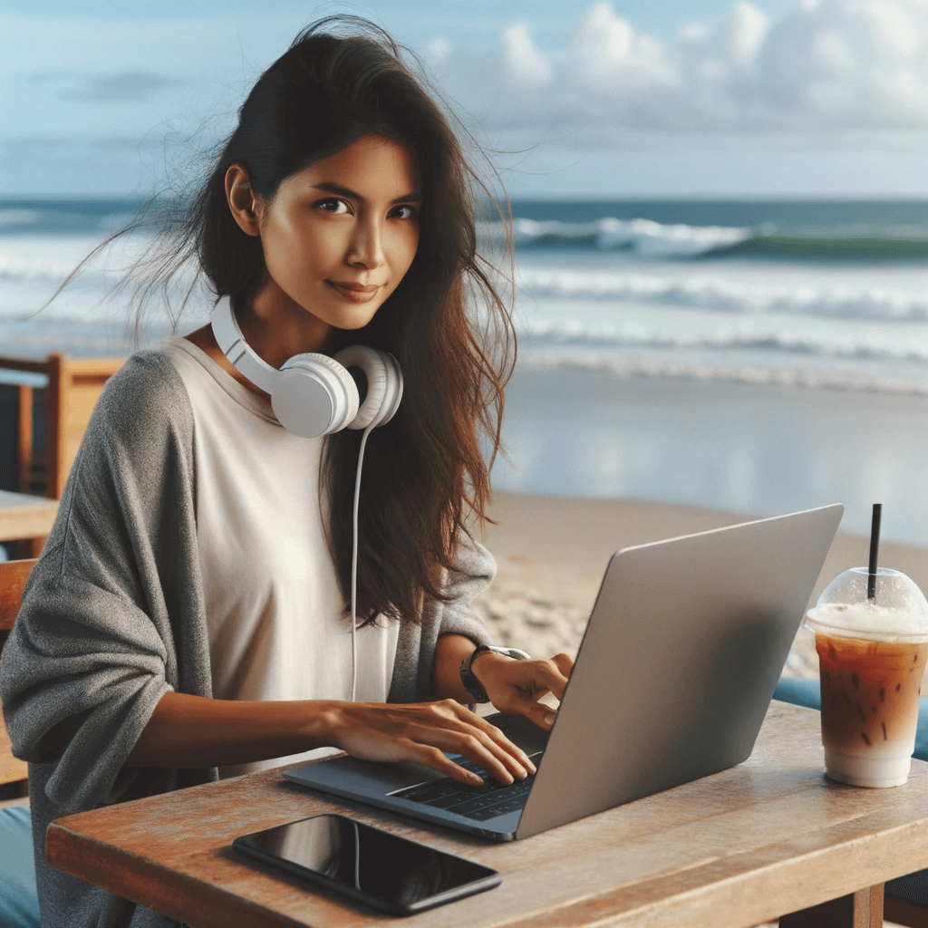 Software engineer freelancer programming at a beachside cafe with coffee